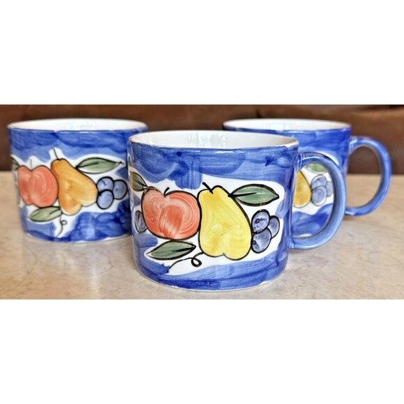 Tabletops Unlimited Misto Hand Painted Extra Large Set of 3 Mugs Fruit Motifs - Picture 1 of 7